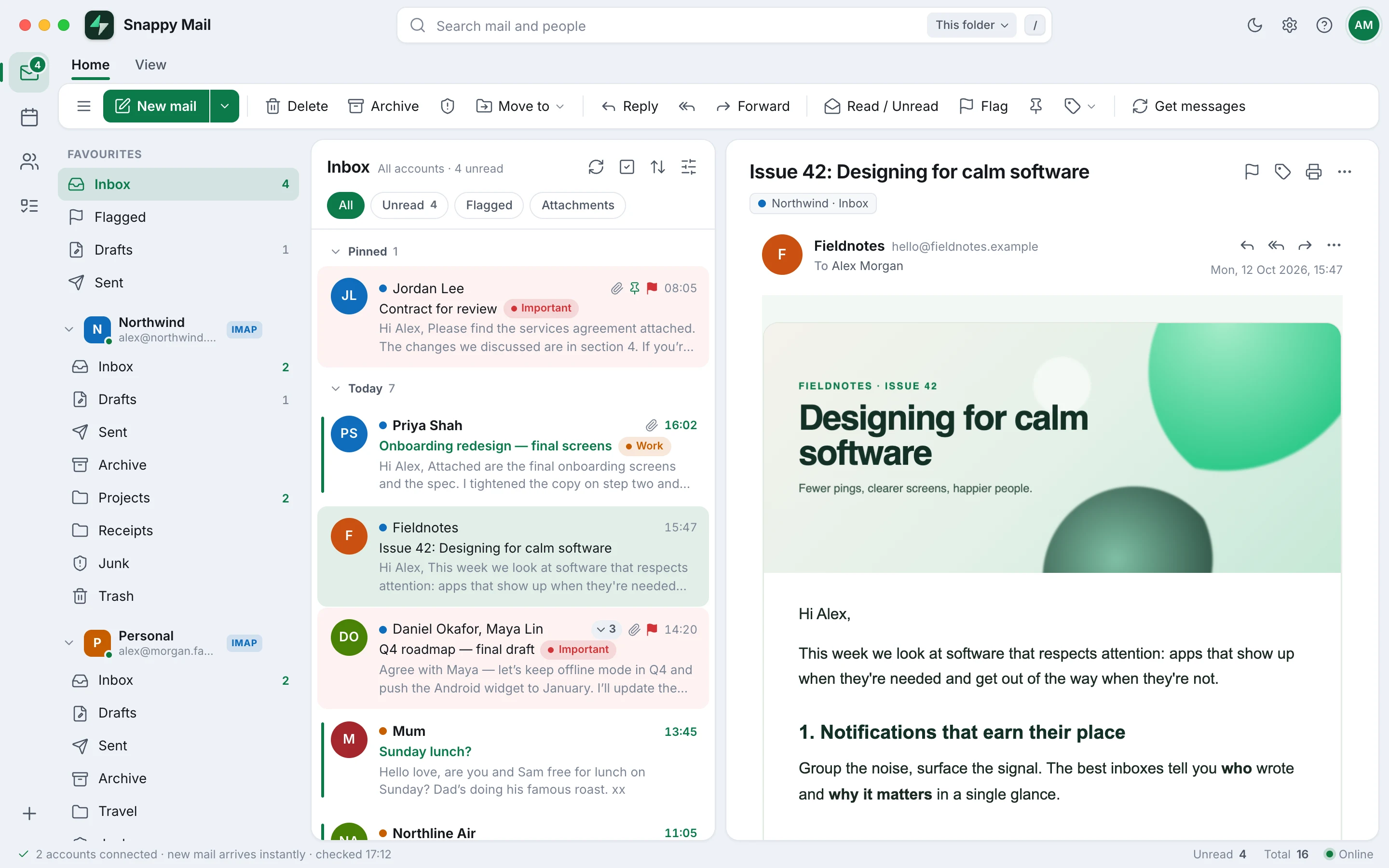 Snappy Mail showing a unified inbox for two accounts, with a newsletter open in the reading pane