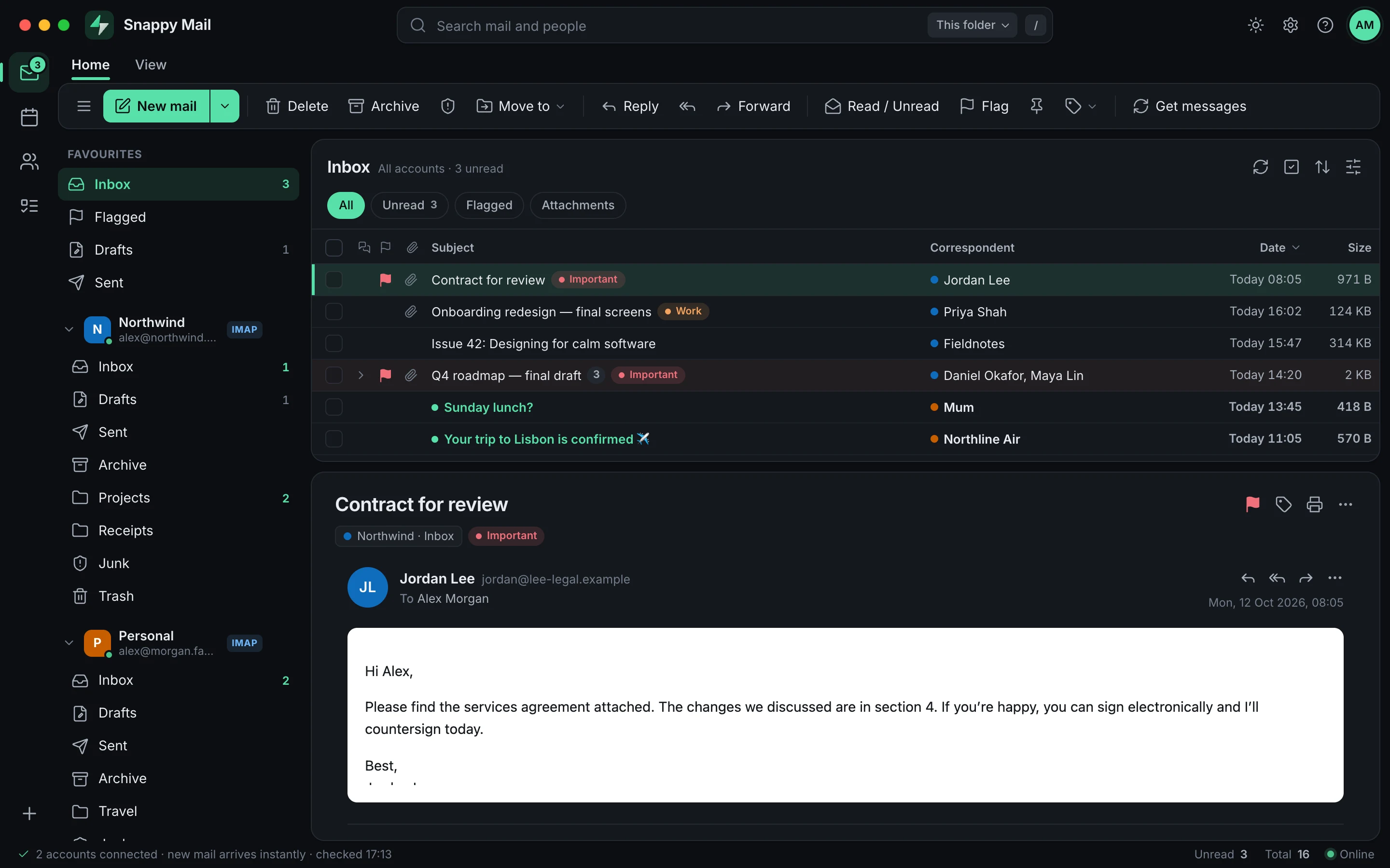 Classic table layout in dark mode with the reading pane at the bottom