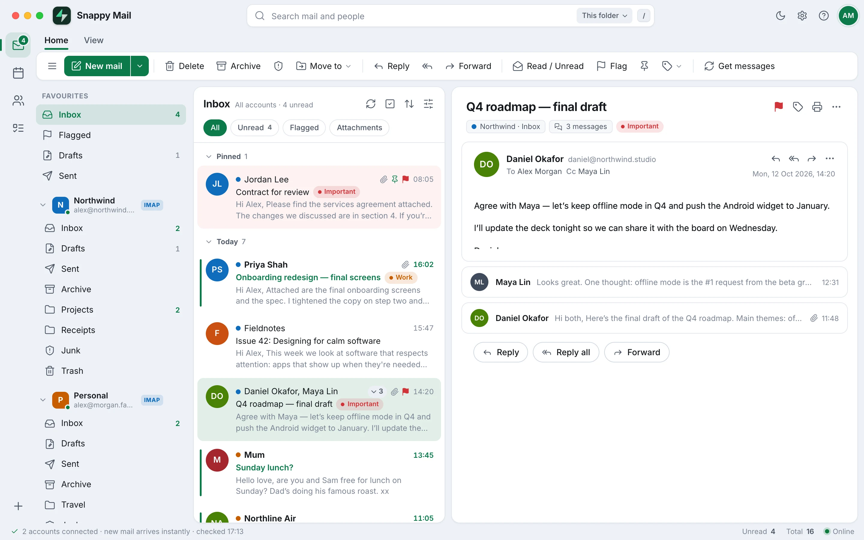 A three-message conversation about a Q4 roadmap, with the latest reply open
